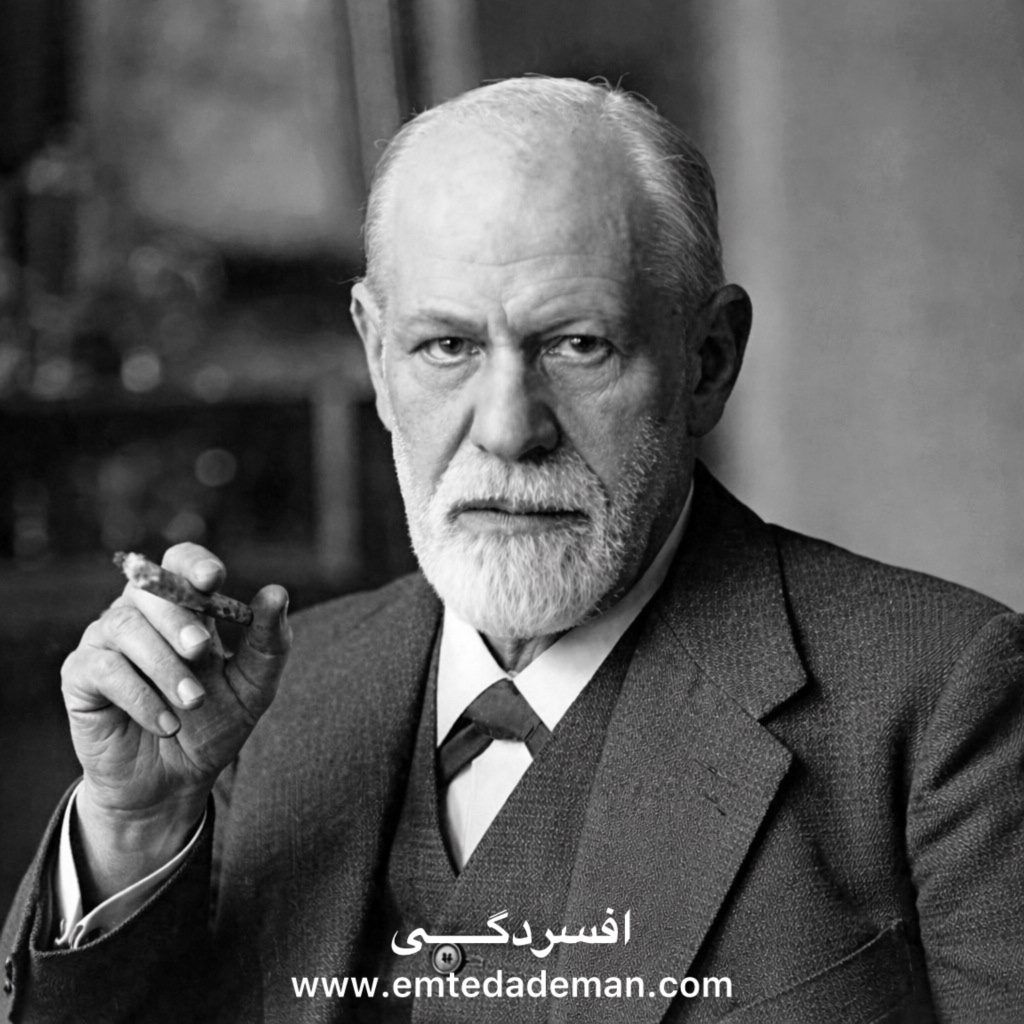 پرتره‌ای سیاه‌وسفید از مردی سالخورده با ریش سفید که کت‌وشلوار رسمی به تن دارد و سیگاری در دست گرفته است؛ چهره‌ای متفکر و جدی که حس اندیشه عمیق، درون‌نگری و تأمل روان‌شناختی را القا می‌کند.