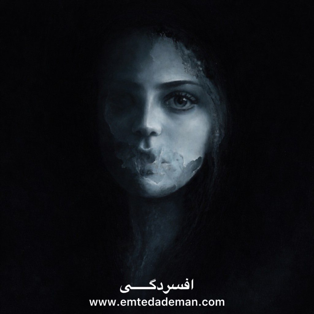 چهره‌ای نیمه‌محو از یک زن در تاریکی، با بافتی شبیه به فرسایش و ترک‌خوردگی روی صورت که احساس افسردگی عمیق، خاموشی احساسی و فرو رفتن در تاریکی ذهن را منتقل می‌کند.