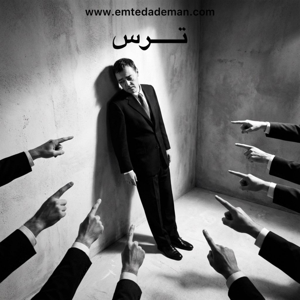 مردی تنها با کت‌وشلوار که در گوشه اتاق ایستاده و سرش را پایین انداخته است، در حالی‌که چندین دست از اطراف به سمت او اشاره می‌کنند؛ تصویری نمادین از ترس، قضاوت اجتماعی و فشار روانی.