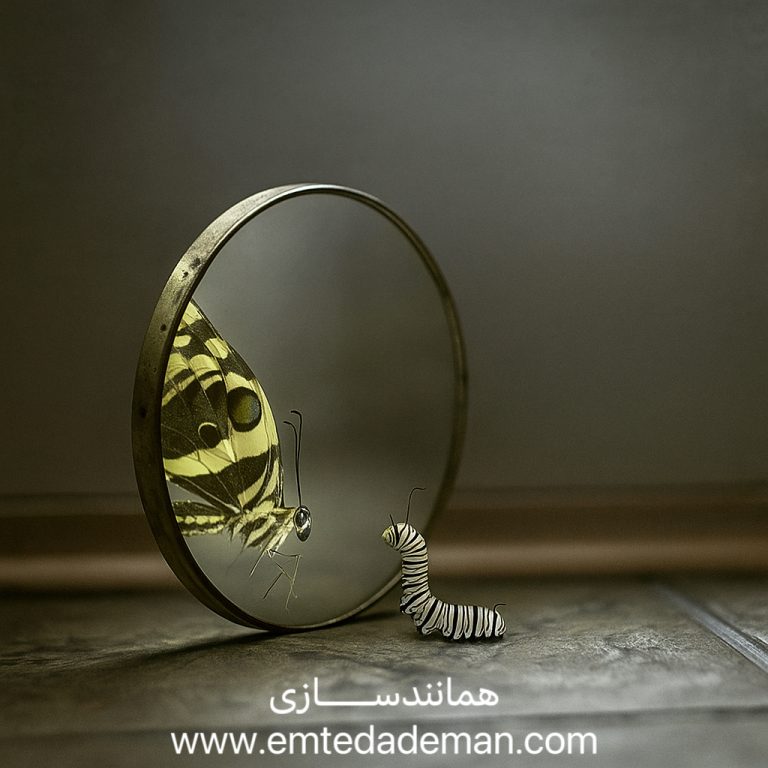 کرم ابریشم کوچک در حال نگاه کردن به تصویر انعکاسی یک پروانه بالغ در آینه؛ نمادی از رشد، تحول و همانندسازی.