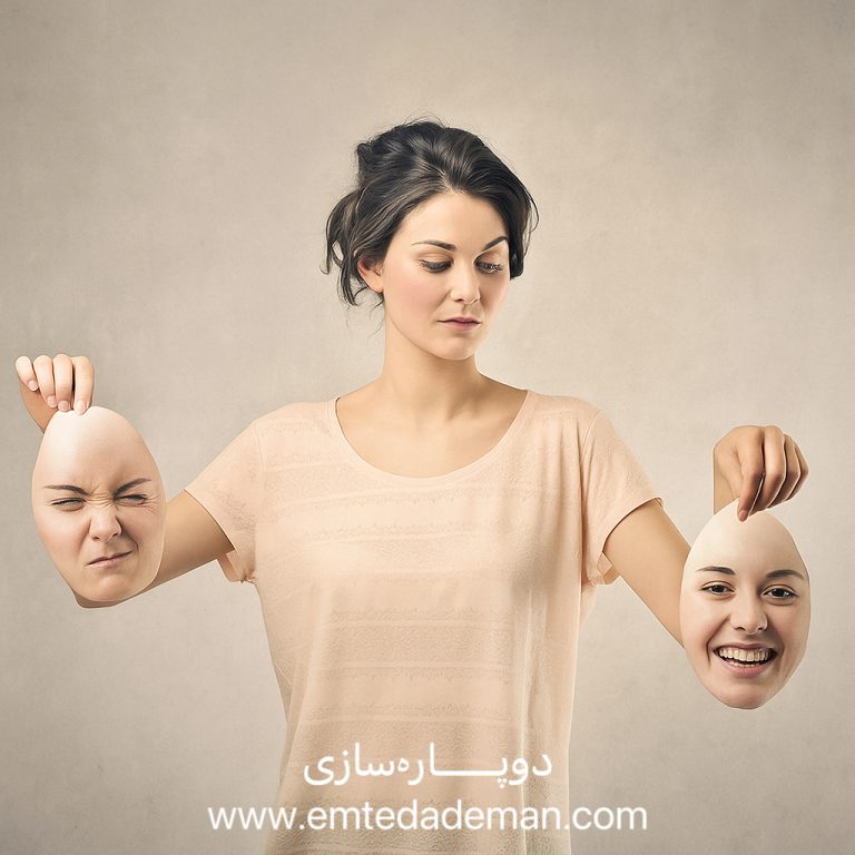 زن جوانی که دو ماسک چهره با احساسات متفاوت را در دست گرفته و به یکی از آن‌ها نگاه می‌کند؛ نمادی از دوپاره‌سازی یا چندگانگی هیجانی.