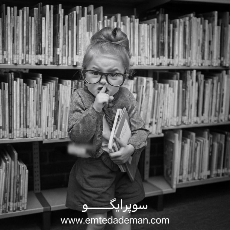 کودکی با عینک بزرگ در کتابخانه که با ژستی جدی انگشتش را جلوی دهان گرفته، نمادی از سوپر ایگو یا وجدان درونی