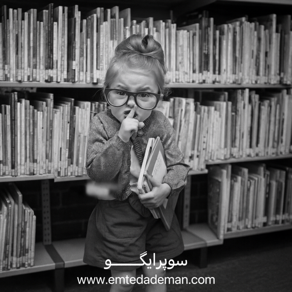 کودکی با عینک بزرگ در کتابخانه که با ژستی جدی انگشتش را جلوی دهان گرفته، نمادی از سوپر ایگو یا وجدان درونی