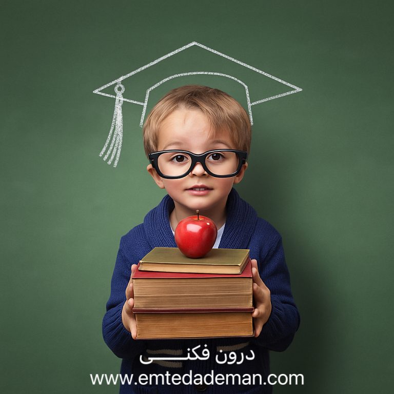 پسربچه‌ای با عینک بزرگ و کتاب‌های روی‌هم‌گذاشته در دست، با یک سیب قرمز روی کتاب‌ها، در مقابل تخته‌سیاه و با تصویر کلاه فارغ‌التحصیلی که بالای سرش با گچ کشیده شده؛ نمادی از درون‌فکنی و تصور ذهنی پیشرفت تحصیلی.