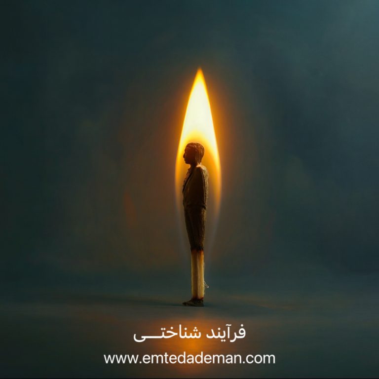 تصویری مفهومی از فرآیند شناختی با انسان درون شعله شمع