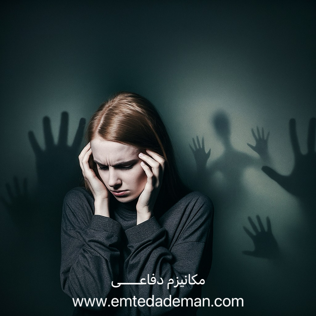 زن جوانی که با چهره‌ای مضطرب سرش را گرفته و در پشت سرش سایه‌هایی از دست‌ها و یک سیلوئت انسانی دیده می‌شود؛ نمادی از اضطراب، تهدید درونی و مکانیزم‌های دفاعی روان.