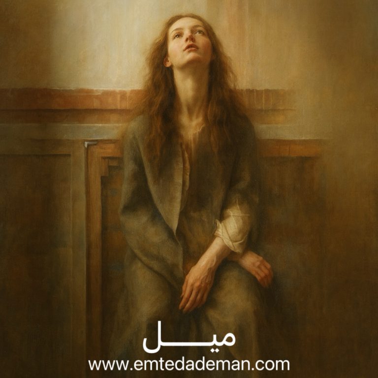 نقاشی کلاسیک از زنی نشسته با لباس ساده که سرش را بهسمت بالا گرفته؛ نمادی از میل، طلب، و کشش درونی.