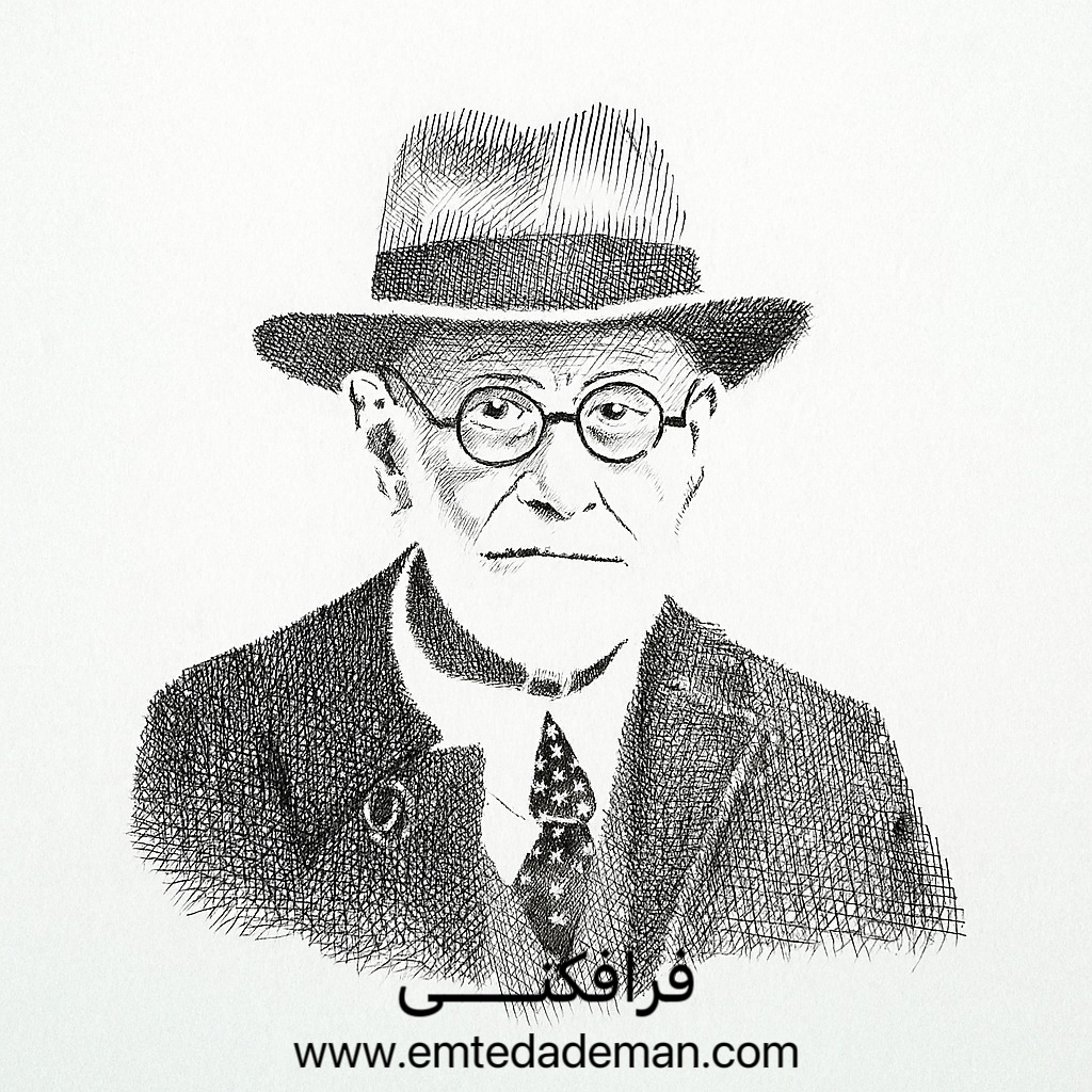 نقاشی سیاه‌قلم از چهره یک مرد سالخورده با کلاه و عینک گرد، همراه با نوشته «فرافکنی» و آدرس emtedademan.com در پایین تصویر.