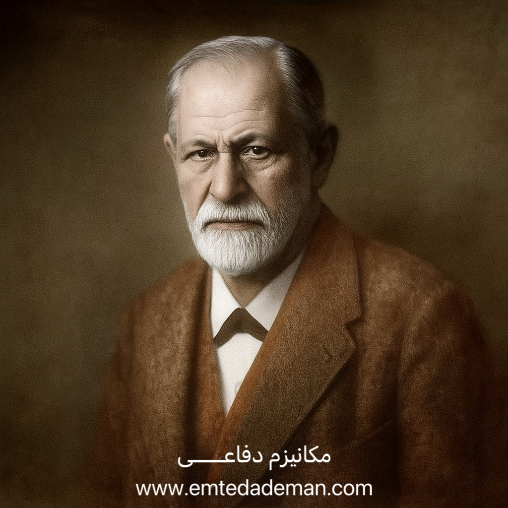 پرتره مردی سالخورده با ریش سفید و چهره‌ای جدی، در سبکی کلاسیک و رسمی، همراه با نوشته «مکانیزم دفاعی» و آدرس emtedademan.com.