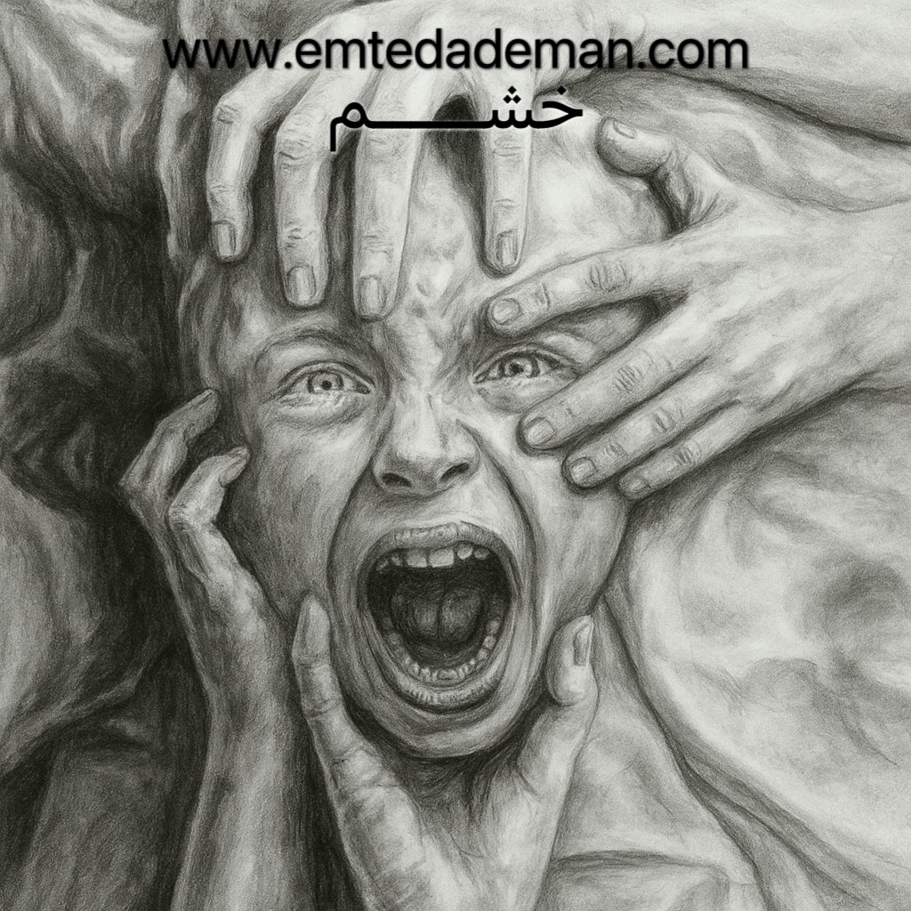 چهره‌ای فریادزن با حالتی از ترس، خشم و فشار روانی، در حالی‌که چند دست صورت او را احاطه کرده و آن را می‌فشارند.