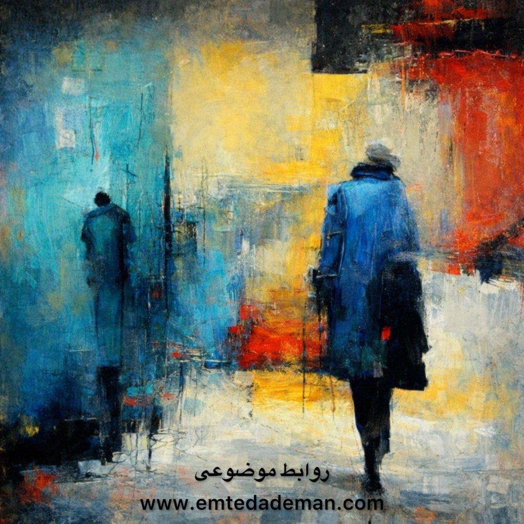 یک نقاشی انتزاعی با ضرب‌قلم‌های پهن و رنگ‌های درخشان آبی، زرد و قرمز که دو فیگور انسانی را در حال حرکت یا عبور از کنار یکدیگر نشان می‌دهد.